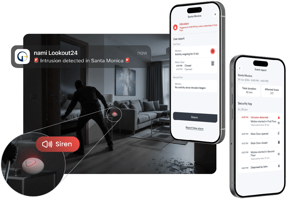 During an intrusion, app sends notifications and event reports